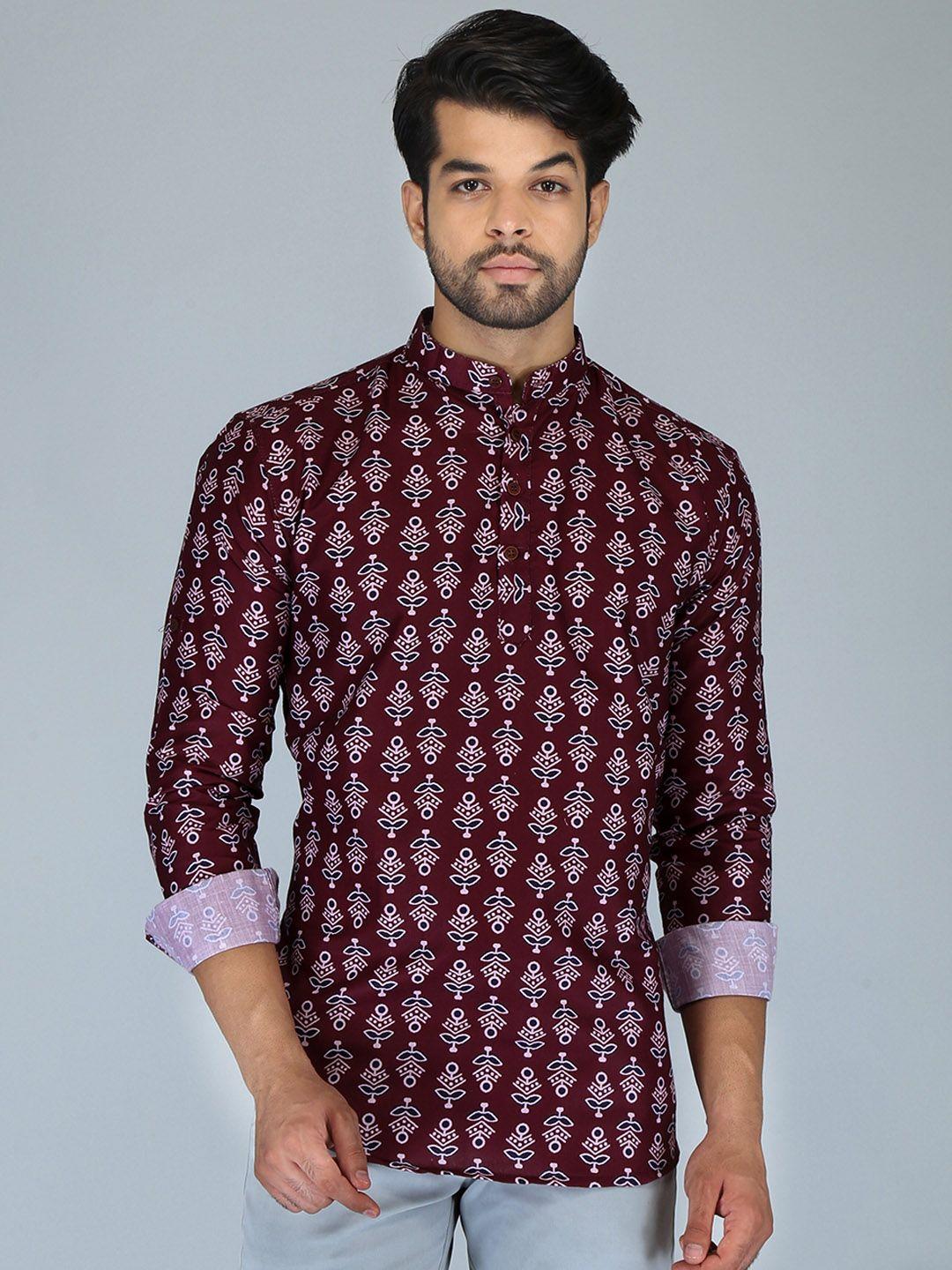 fubar men maroon ethnic motifs printed thread work kurta