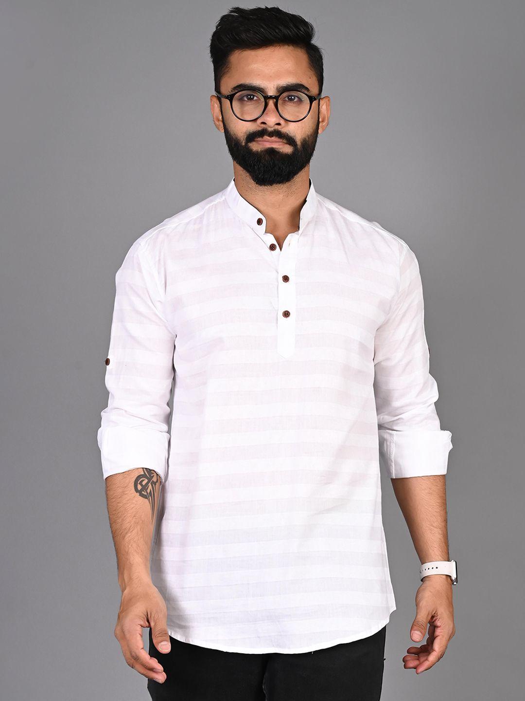 fubar striped band collar roll-up sleeves short kurta