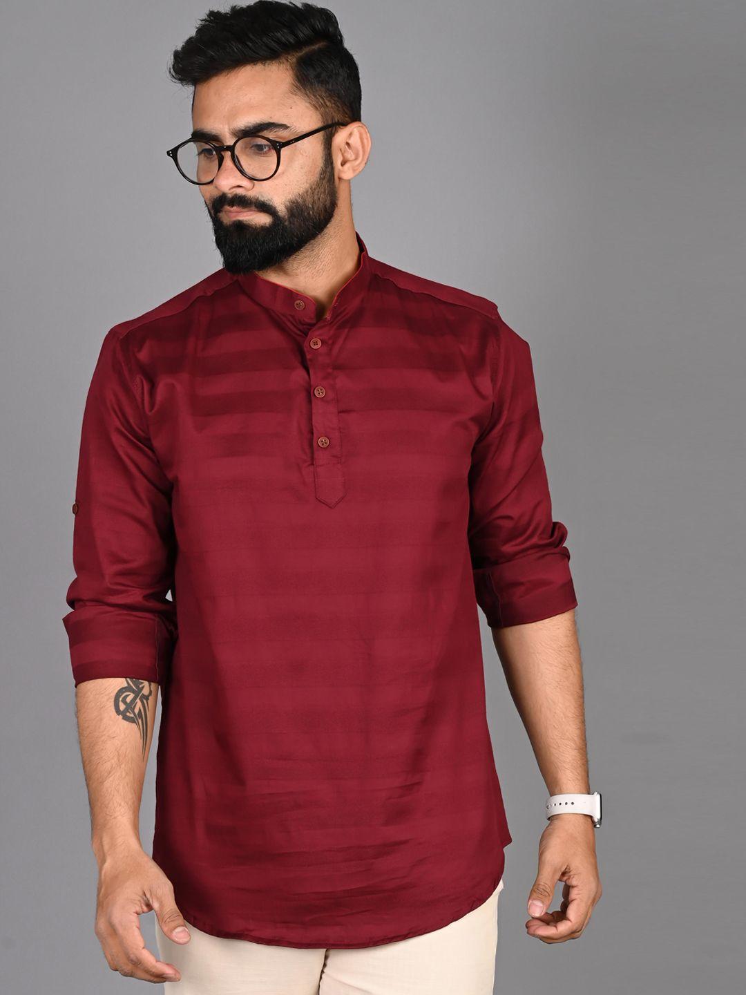 fubar striped band collar roll-up sleeves short kurta