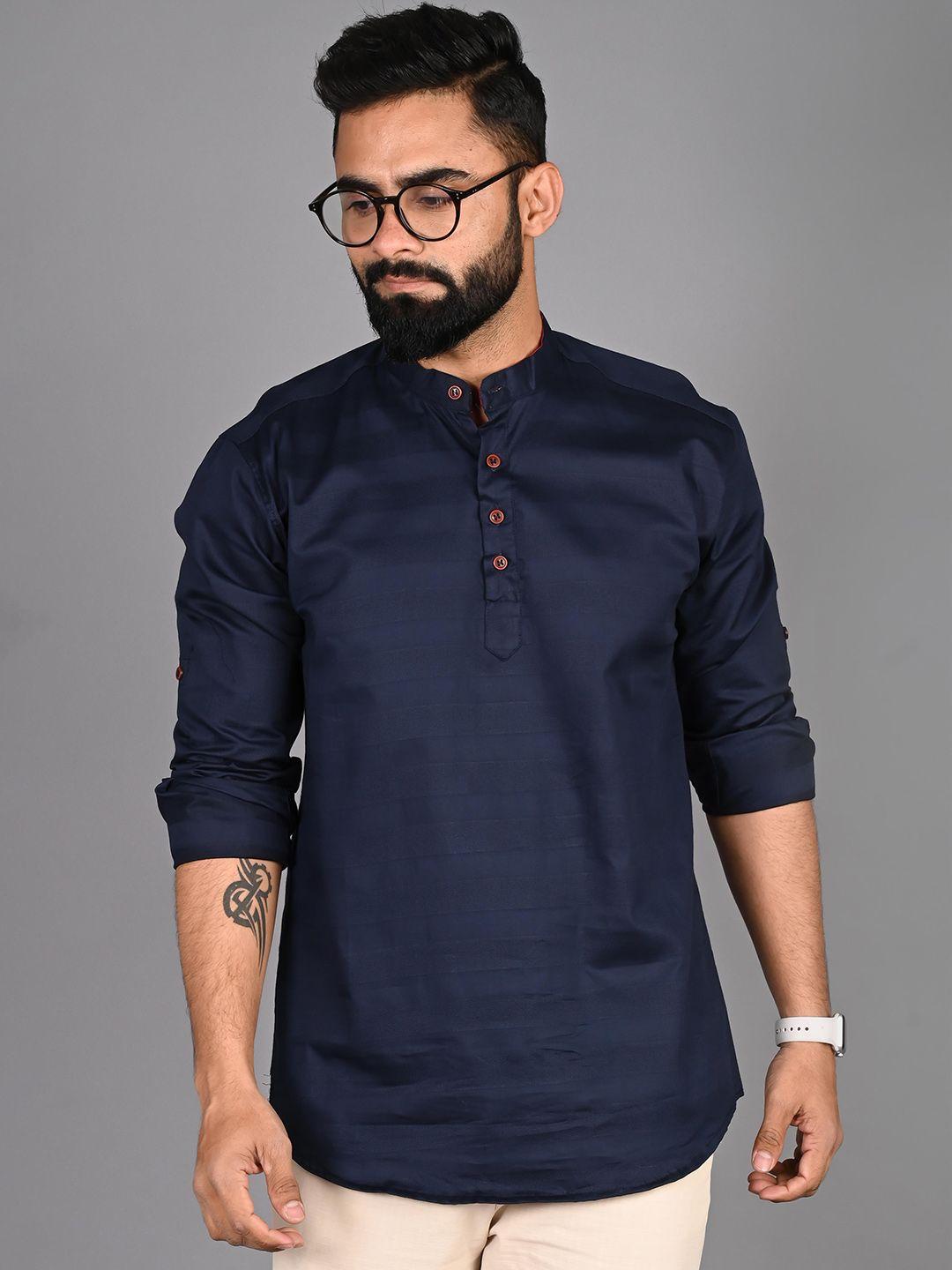 fubar woven design roll-up sleeves band collar kurta