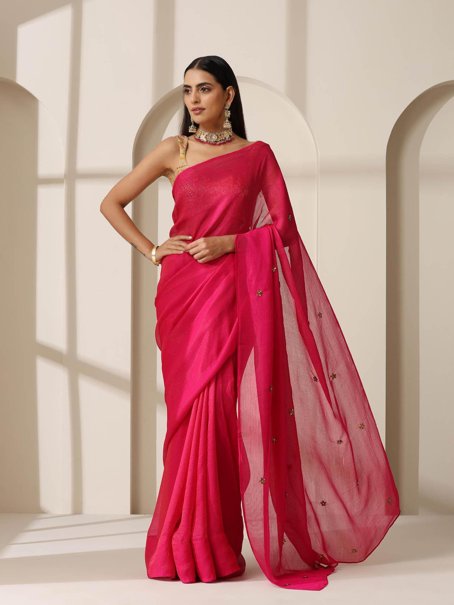 fuchia pink shimmer chiffon saree and unstitched blouse