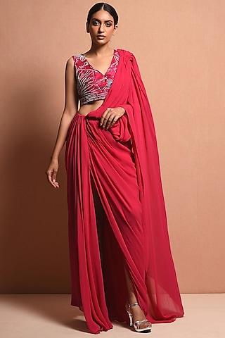 fuchisa pearls embellished saree gown set