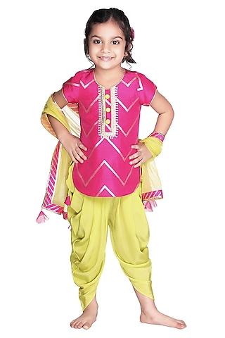 fuchsia & lime green embroidered dhoti set for girls
