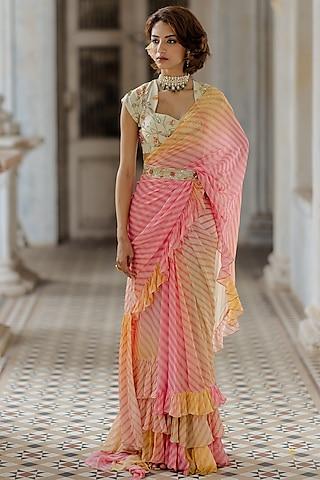 fuchsia & yellow ombre printed pre-stitched saree set