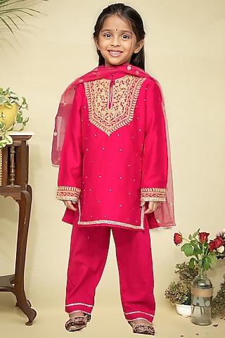 fuchsia chanderi embroidered kurta set for girls