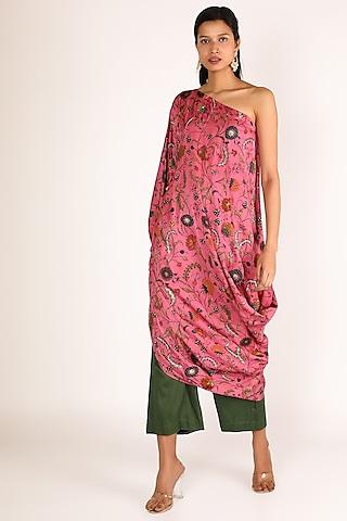 fuchsia floral printed kurta with pants for girls