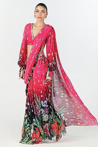 fuchsia georgette printed pre-draped saree set
