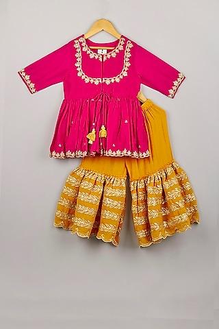 fuchsia pink & mustard embroidered sharara set for girls