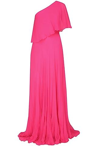 fuchsia pink one shoulder retro flared cape gown