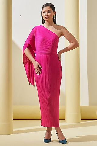 fuchsia pink pleated polyester one-shoulder draped dress