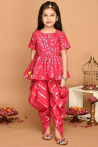 fuchsia printed kurta set for girls