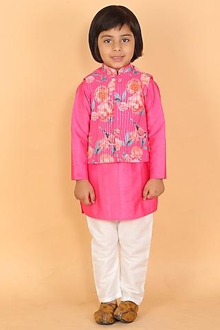 fuchsia printed nehru jacket with kurta set for boys