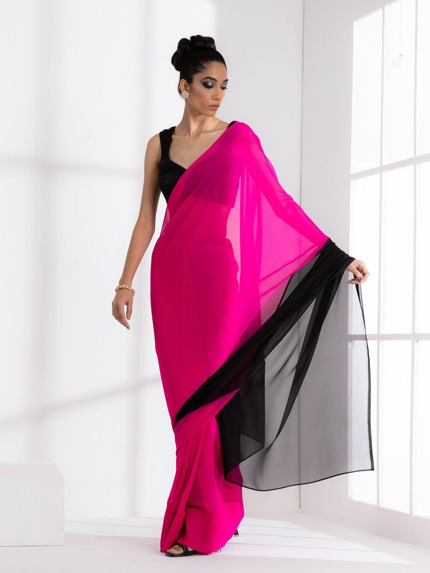 fuchsia & black triangle georgette saree with unstitched blouse