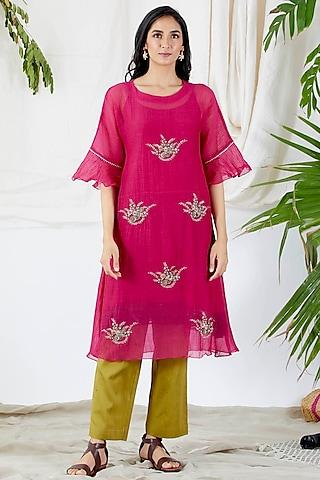 fuchsia & green embroidered tunic set