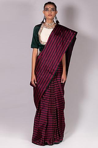 fuchsia & green striped handwoven saree set