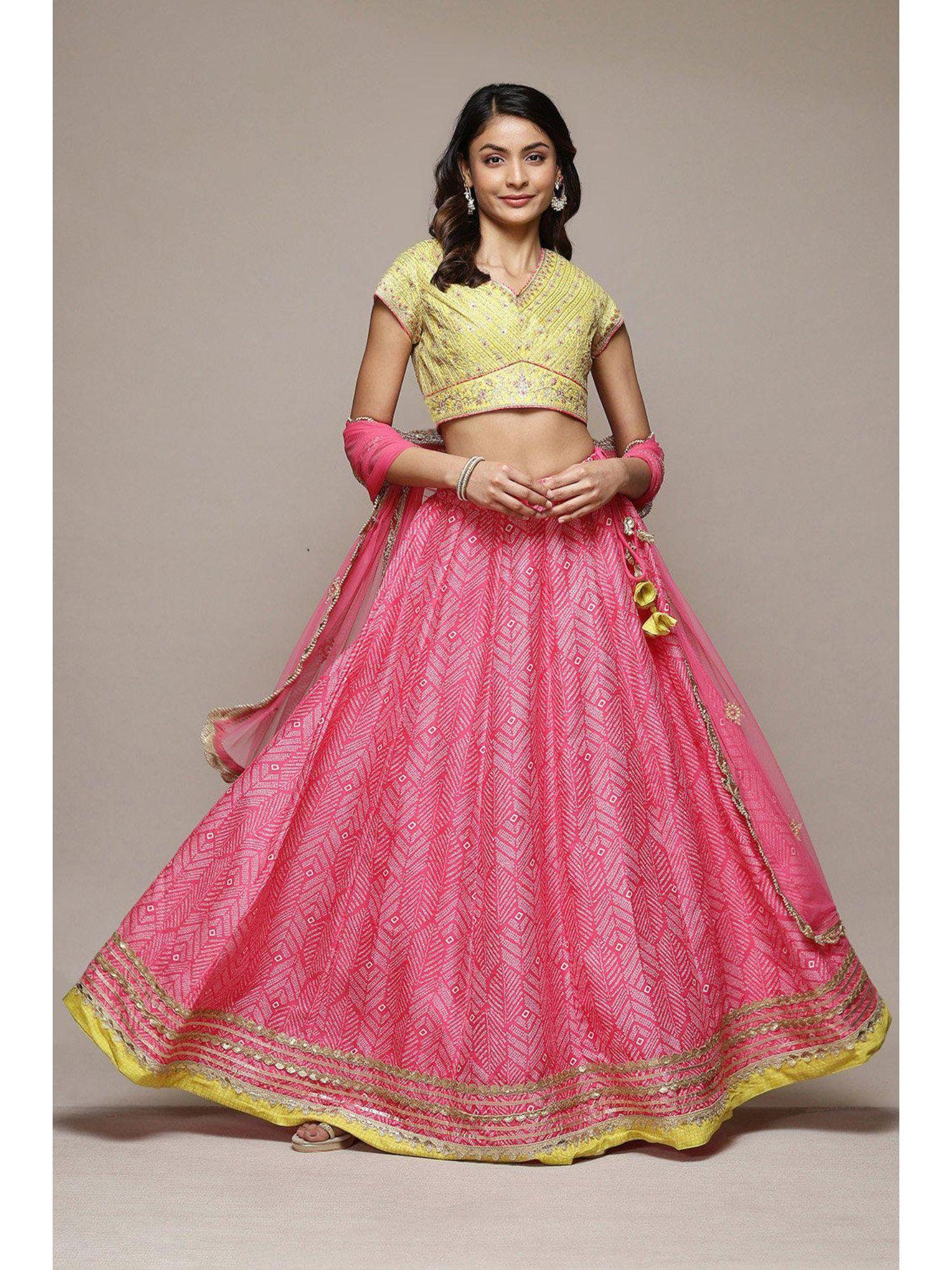 fuchsia & lime green cotton blend lehenga set (set of 3)