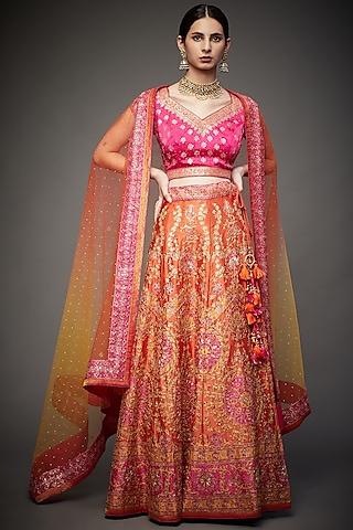 fuchsia & orange hand embroidered lehenga set