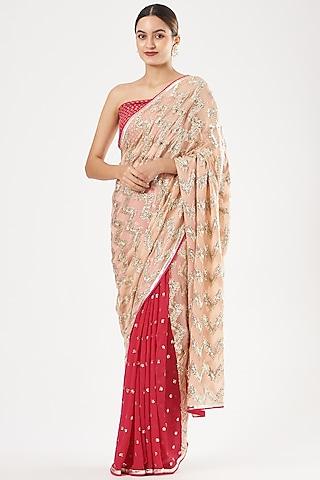 fuchsia & peach embroidered pre-draped saree set