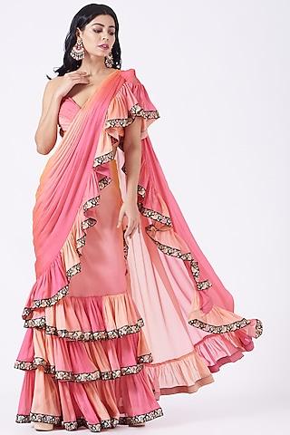 fuchsia & peach ruffled draped saree set