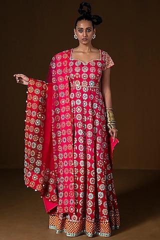 fuchsia & red ombre summer silk printed anarkali set