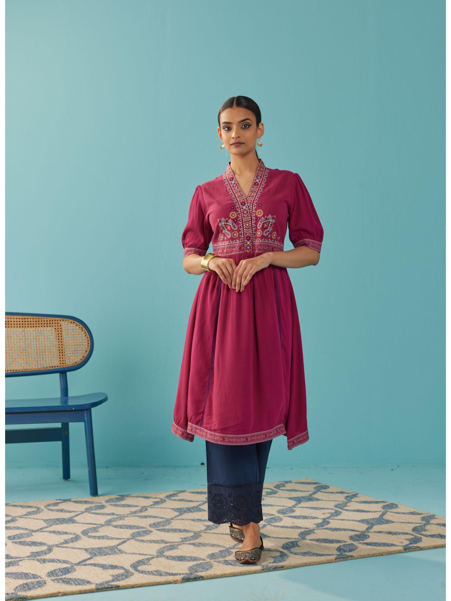 fuchsia a-line kurti with puffed sleeve and stylized neck