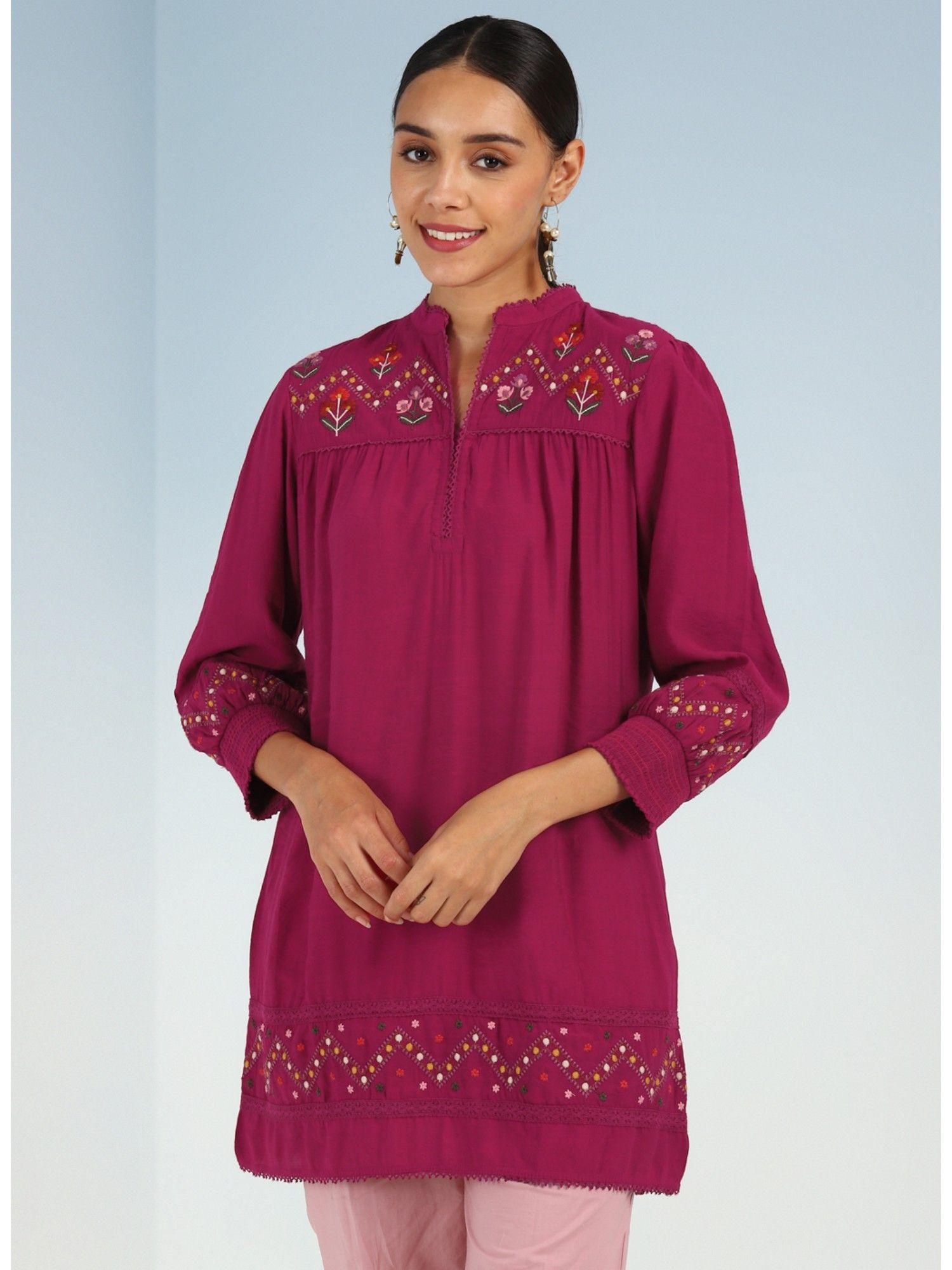 fuchsia a line rayon kurti with embroidery and smocking