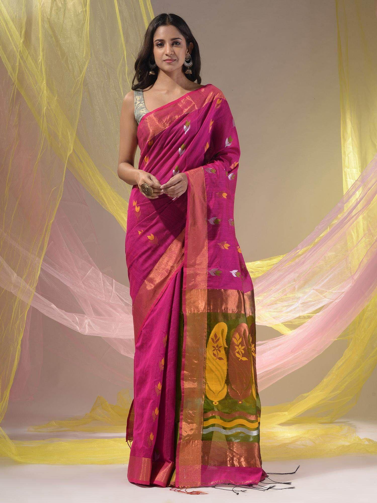 fuchsia and sap green handwoven patli pallu floral motif saree with unstitched blouse