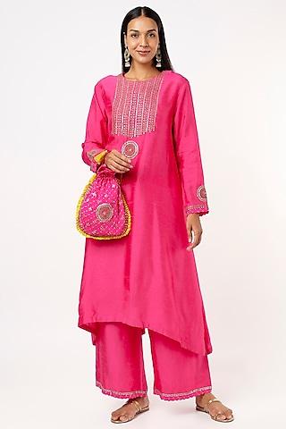 fuchsia asymmetrical zardosi embroidered kurta set