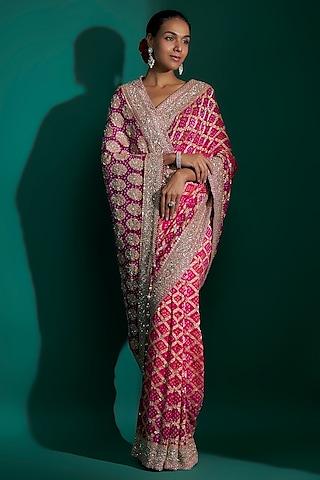 fuchsia bandhej handloom sequins hand embroidered saree set