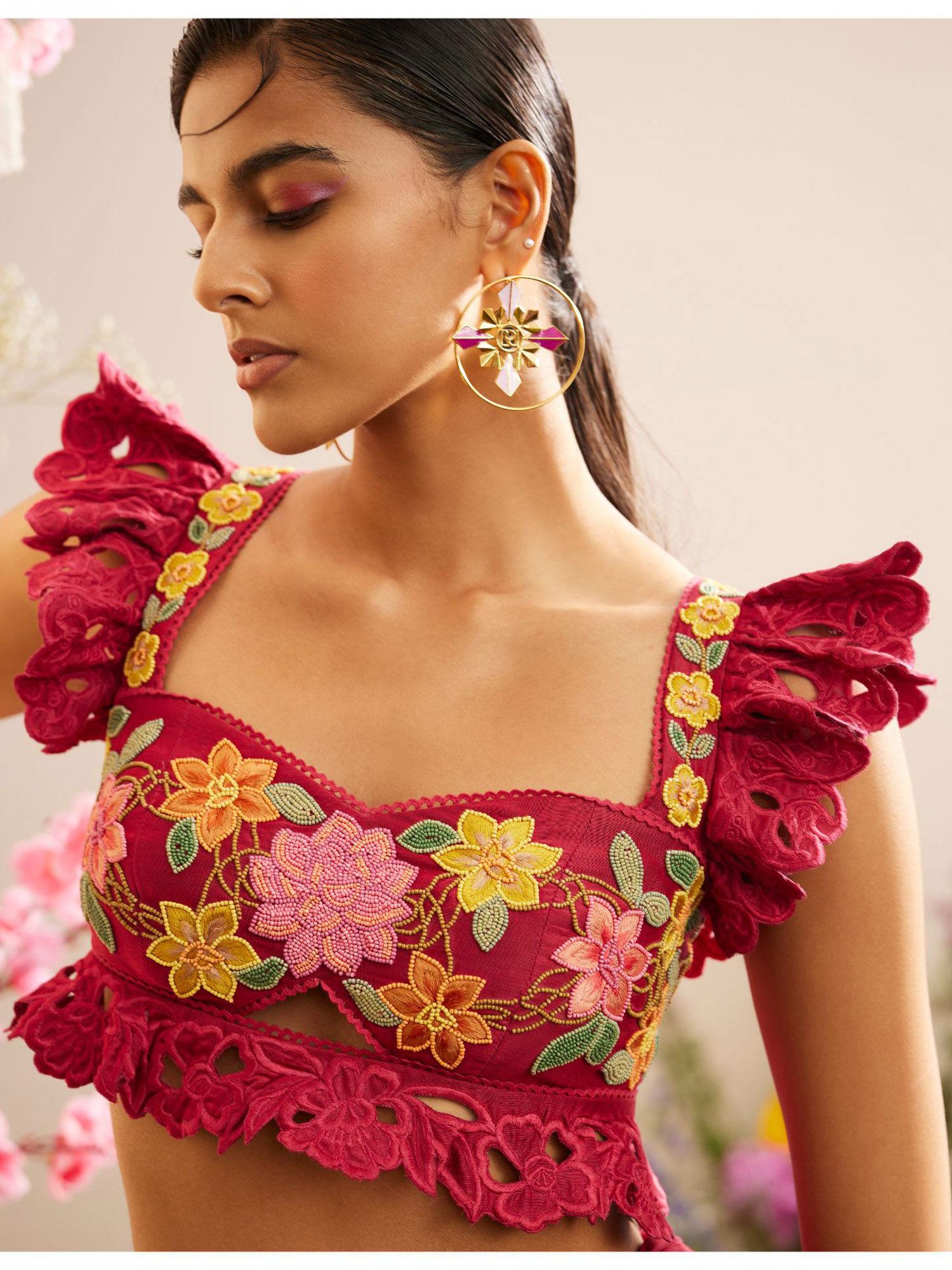 fuchsia beadwork & cutwork crop top