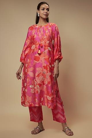 fuchsia bemberg silk digital printed & sequins embroidered kurta set