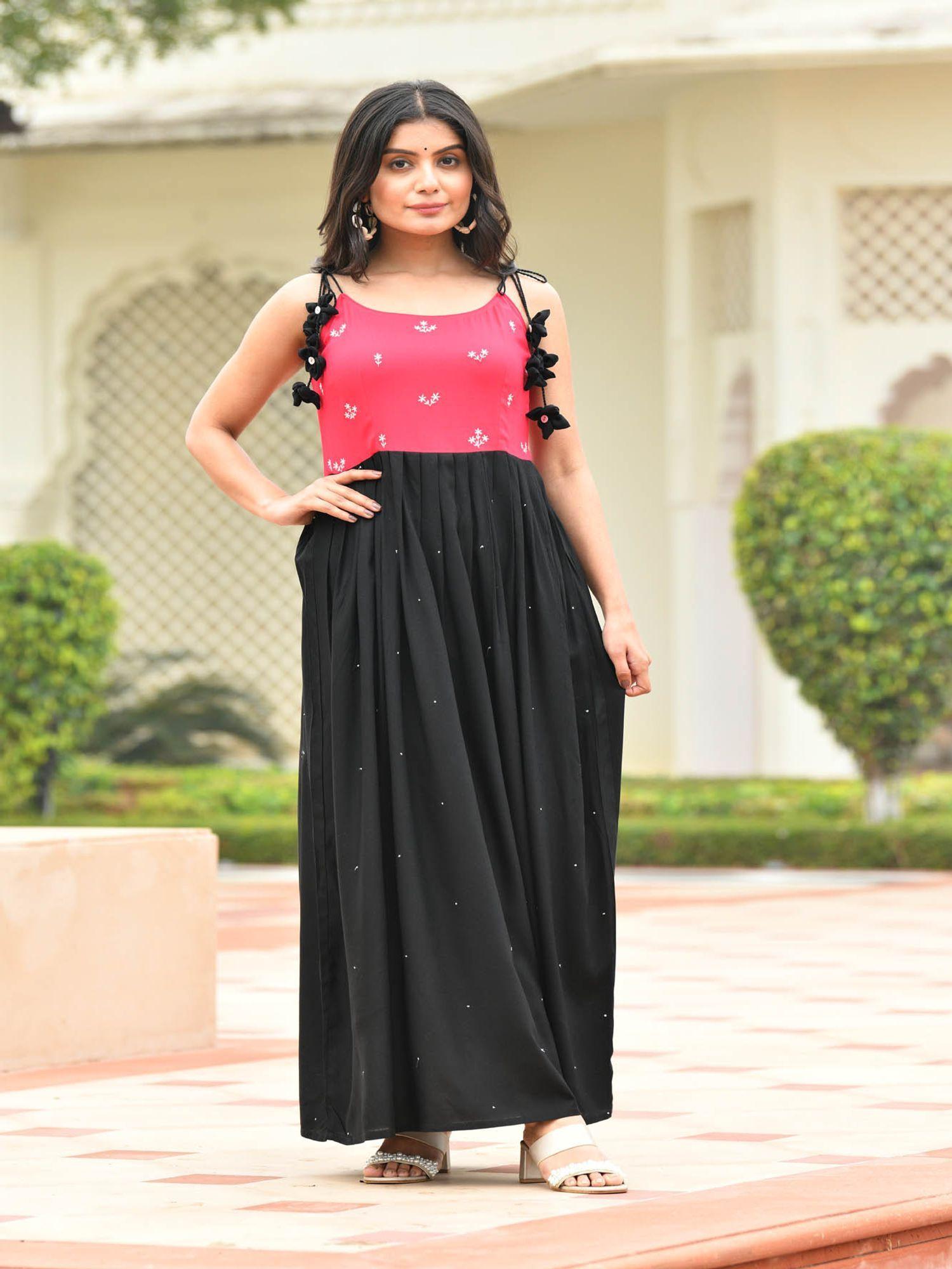 fuchsia-black embroidered rayon dress singles