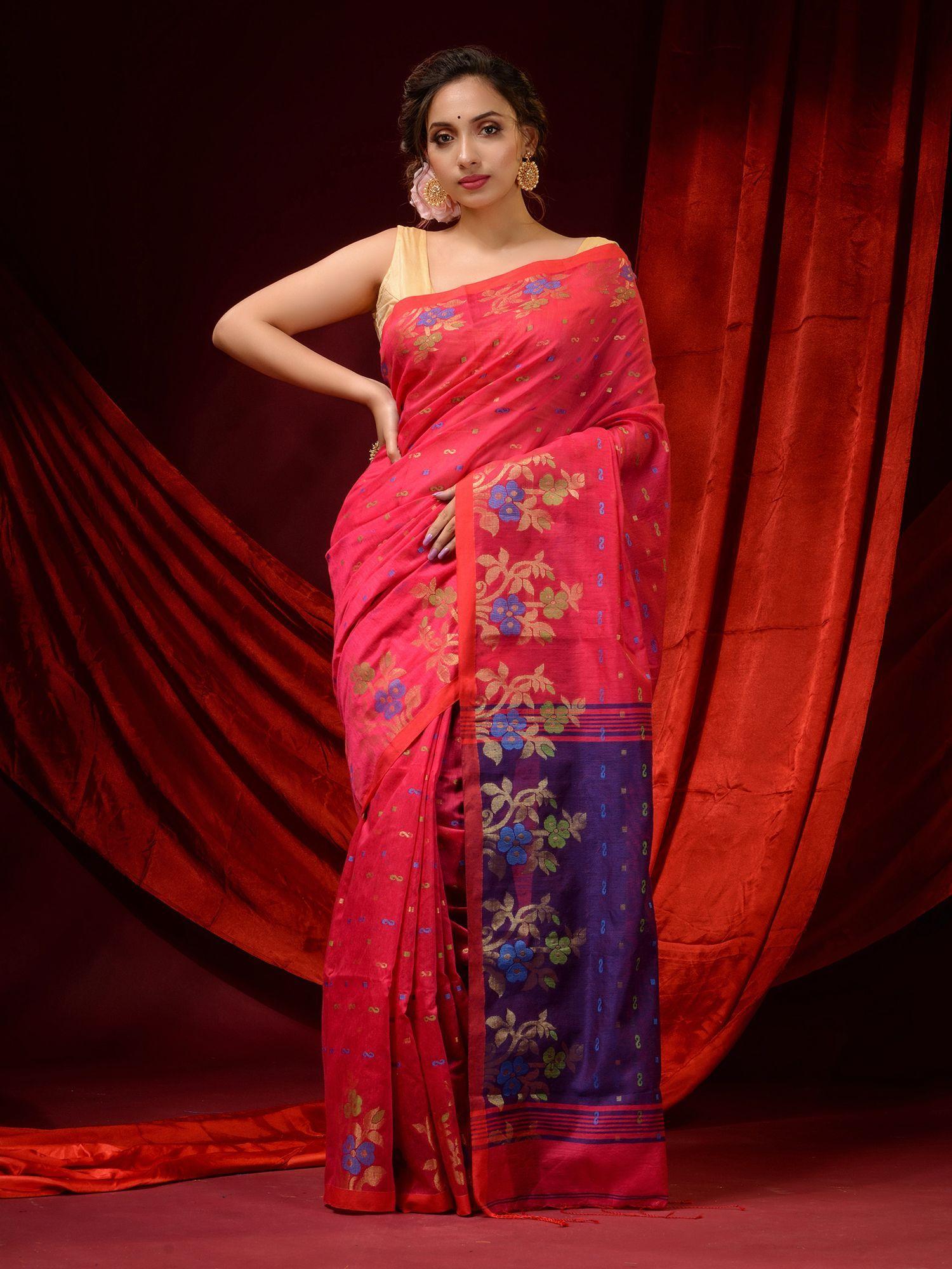 fuchsia blended cotton ethnic motifs and floral borders saree with unstitched blouse