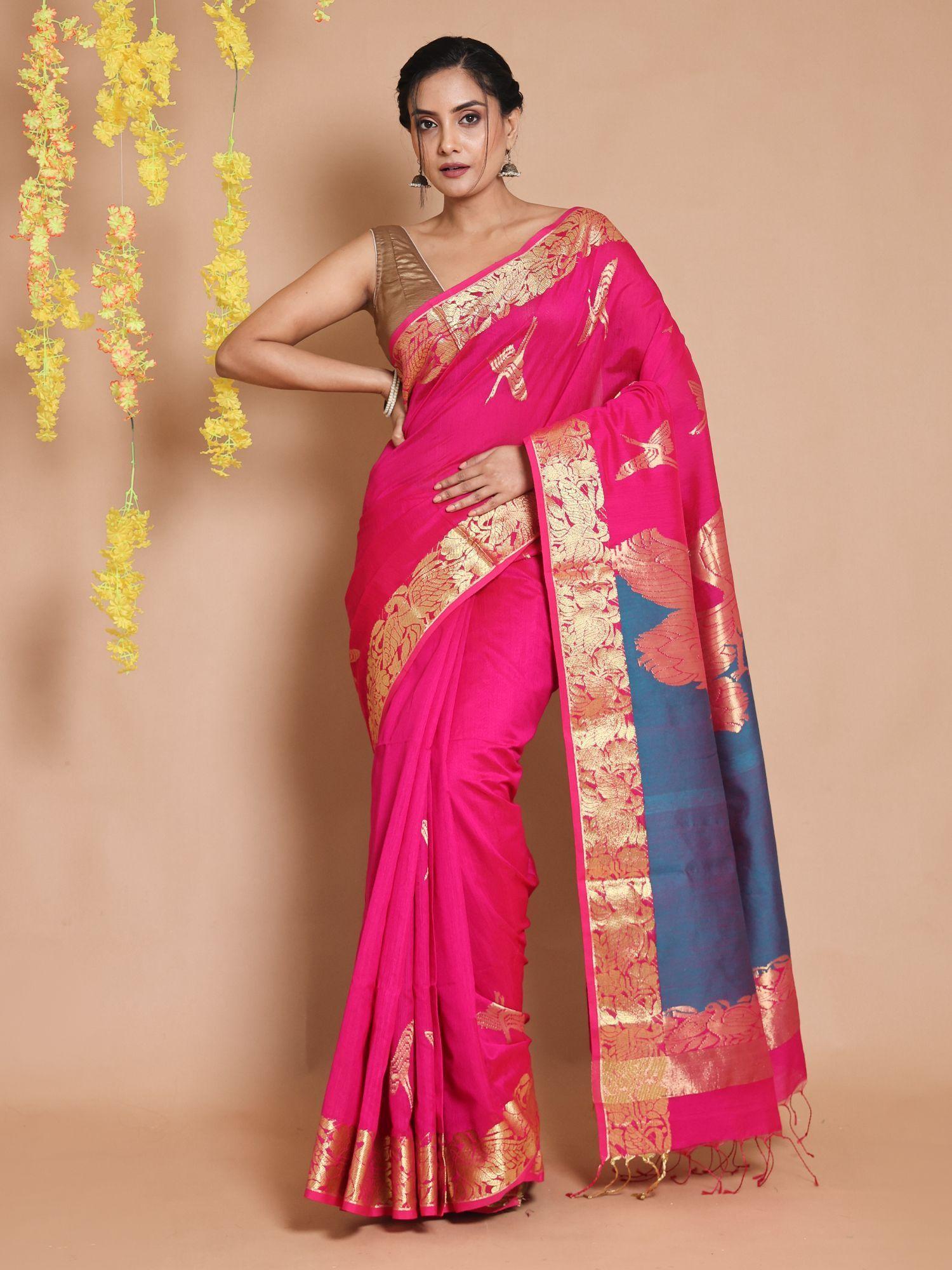 fuchsia blended cotton handwoven zari woven bird designs saree with unstitched blouse