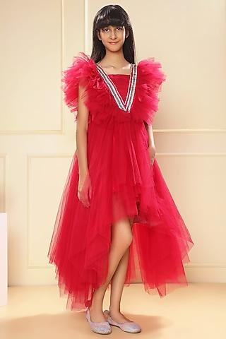 fuchsia butterfly net crystal embellished high-low gown for girls