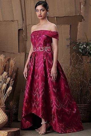 fuchsia cascading off shoulder dress