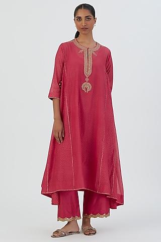 fuchsia chanderi dotted kurta set