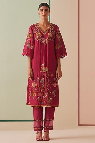 fuchsia chanderi embroidered kurta set