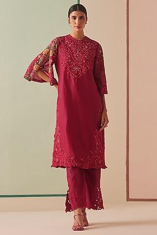 fuchsia chanderi embroidered kurta set