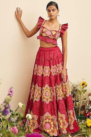 fuchsia chanderi embroidered lehenga