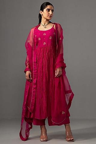 fuchsia chanderi hand embroidered anarkali set