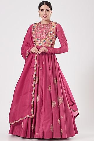 fuchsia chanderi kalidar anarkali set