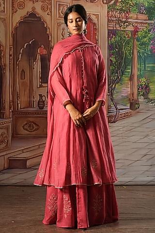 fuchsia chanderi silk embroidered anarkali set