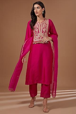 fuchsia chanderi silk marodi embroidered kurta set