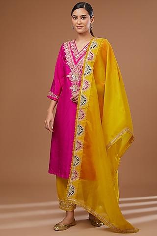 fuchsia chanderi silk sequins embroidered kurta set