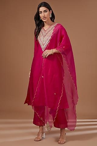 fuchsia chanderi silk sequins embroidered kurta set