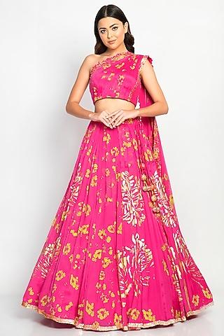 fuchsia chinon embroidered lehenga set