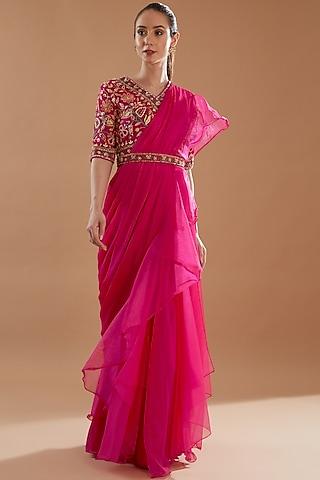 fuchsia chinon georgette ruffled draped saree set