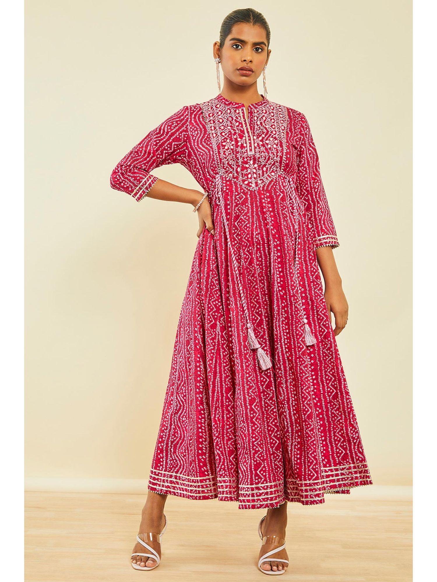 fuchsia cotton bandhani print dress kurta with mirror work