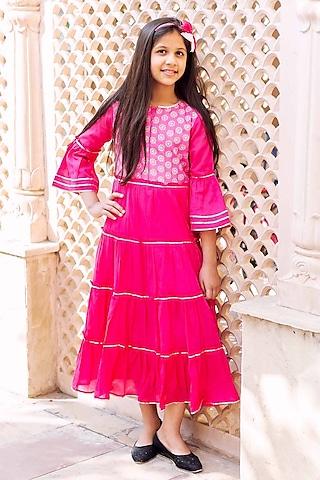 fuchsia cotton block printed tiered dress for girls